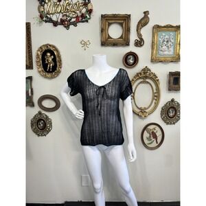 Minnie Rose Mesh Ruffle Knit Sweater Top Black Azul S